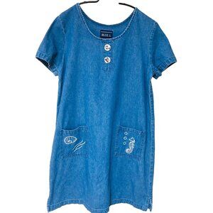 Blue J Denim Casual Day Dress Women's S/M Hand Painted Embroider Pockets Cotton